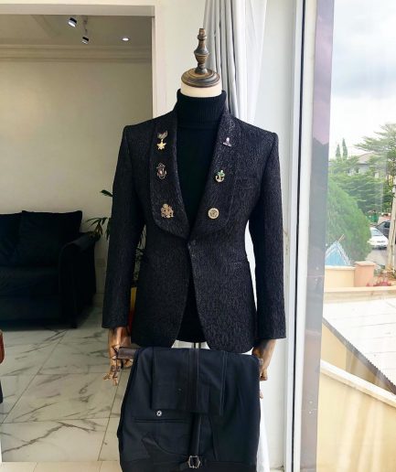 A Charcoal Black Reloaded “la casa de papel” Black Jacquard tuxedo suit