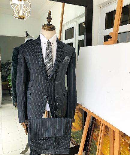 A Revolutionary “Catch Me If You Can” Grey Bold Pencil Stripe notch lapel double side-breasted Suit.