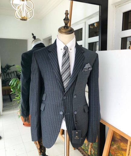A Revolutionary “Catch Me If You Can” Grey Bold Pencil Stripe notch lapel double side-breasted Suit.