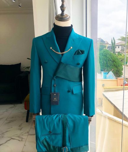 A reloaded Teal Green Tuxedo Double breasted strap “Oranmiyan” Suit