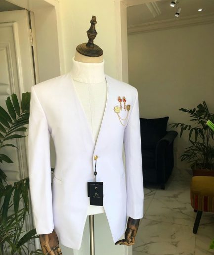 A White “Polaris” lapeless one button tuxedo Suit