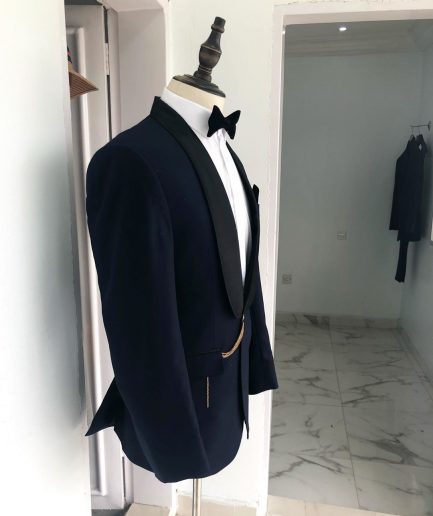 Jorgecarli Fabric, Navy Blue Mens one Button Tuxedo Suit