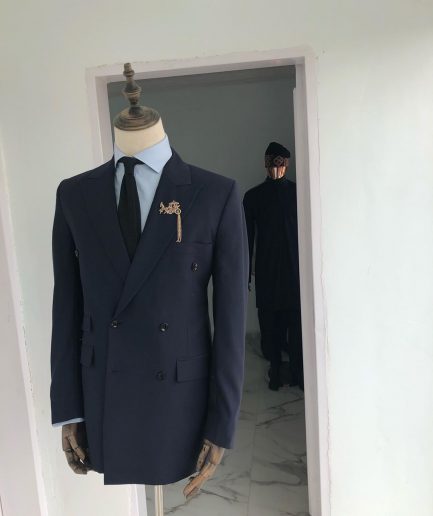 A Navy Blue Peak lapel double-breasted Suit With Gold Detailing