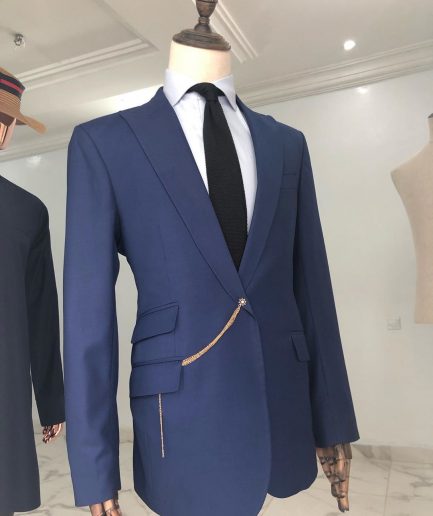 A Light Blue, Peak Lapel, One Button Tailored Suit with Gold Detailing