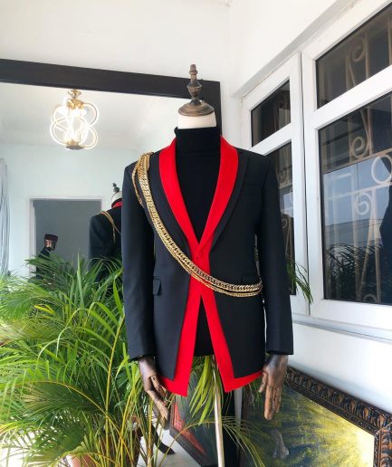 A Charcoal Black "Malian" dual-colour and chain-detailed tuxedo Suit