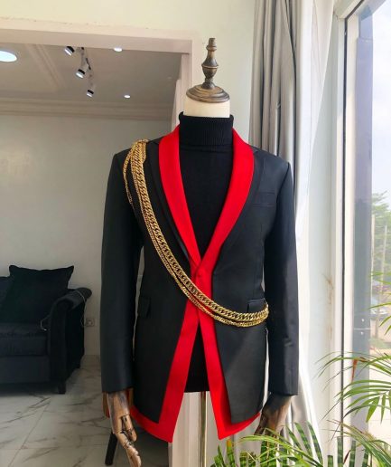 A Charcoal Black "Malian" dual-colour and chain-detailed tuxedo Suit