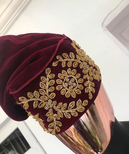 Burgundy and Gold Crystals Studs Embroidery African Hat