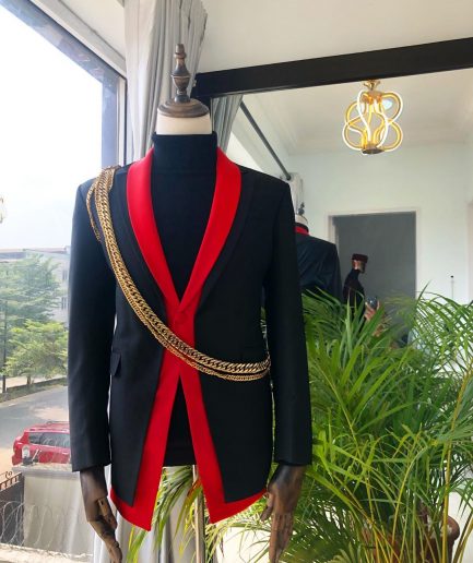 A Charcoal Black "Malian" dual-colour and chain-detailed tuxedo Suit