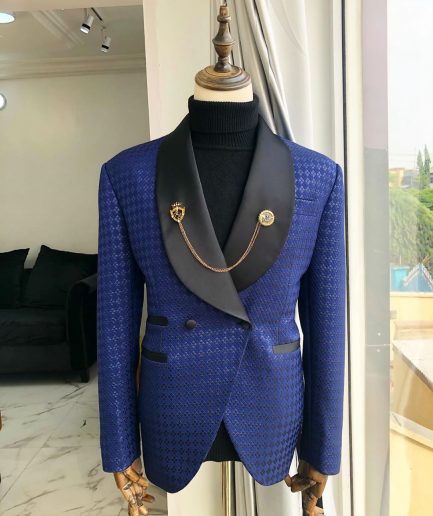 A Navy Blue Jacquard and Black shawl Lapel Tuxedo suit
