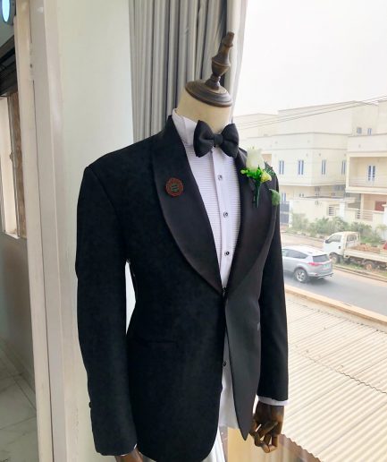 A Charcoal Black Shawl Lapel Tuxedo Suit.