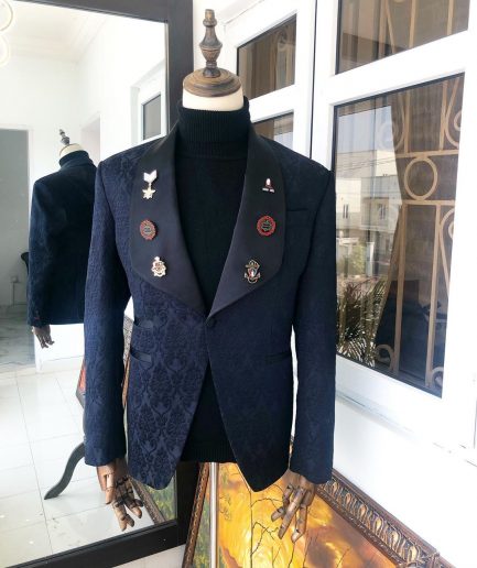 A Charcoal Black Jacquard shawl-lapel Tuxedo suit