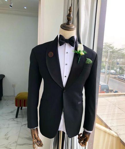 A Charcoal Black Shawl Lapel Tuxedo Suit.