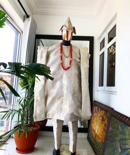 A Champagne Gold  Interconnected Embroidery 3 Piece Traditional Agbada