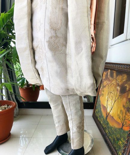 A Champagne Gold  Interconnected Embroidery 3 Piece Traditional Agbada