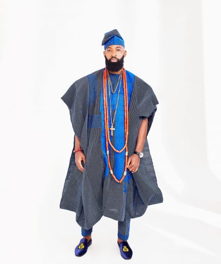 A Navy Blue Hand Embroidery Royal Agbada Aso-Oke, Dashiki, Coral Bead and Hat