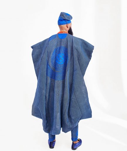 A Navy Blue Hand Embroidery Royal Agbada Aso-Oke, Dashiki, Coral Bead and Hat