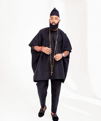 A Charcoal Black Aso Oke Dashik, Hand Swarovski Crystal Design Hat