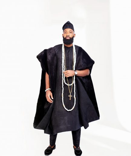 A Charcoal Black embroidery detailing with Swarovski Stone detailing Aso Oke Agbada