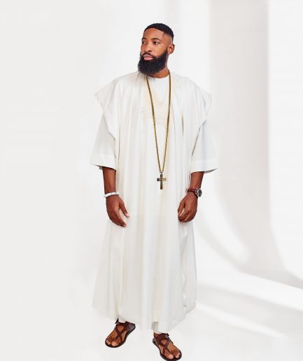 A Milk White embroidery detailing African Agbada