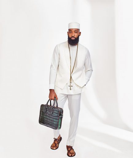 A White Slide-Neck African Kaftan, Jacquard Jacket, Trench