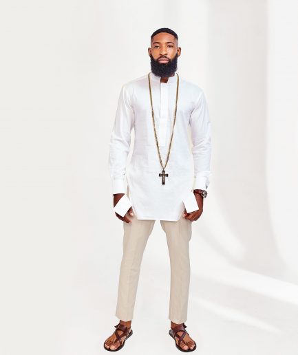 A white Cut Hand Linen Kaftan and Light Brown