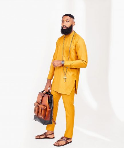 A Mustard Yellow front flap Kaftan, Gold Detailing Jacket with Zip