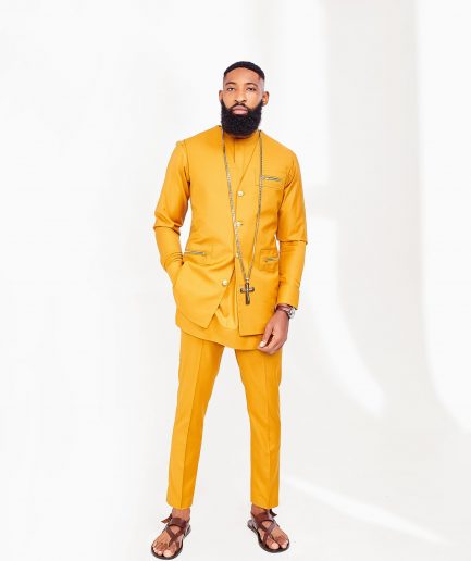 A Mustard Yellow front flap Kaftan, Gold Detailing Jacket with Zip