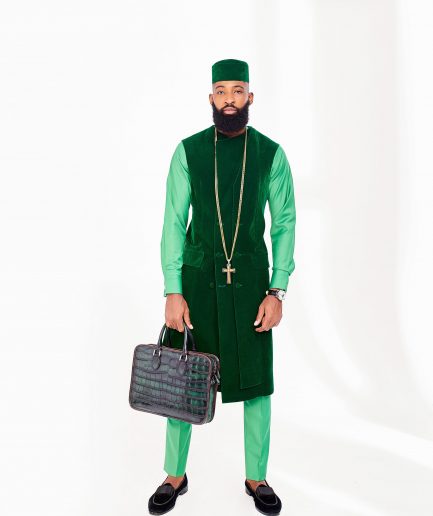A Lemon Green African Senator Kaftan and a Long Greek Military Jacket