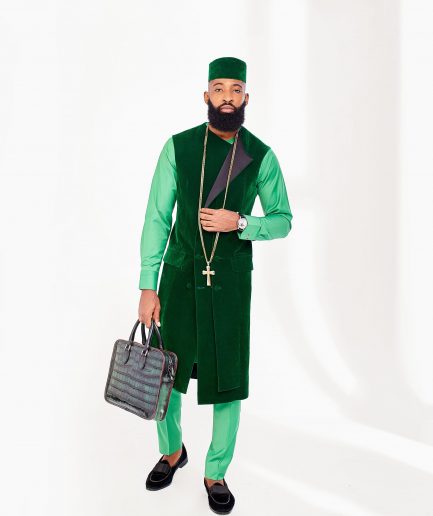 A Lemon Green African Senator Kaftan and a Long Greek Military Jacket