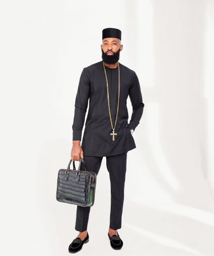 A Charcoal Black with embroidery front flap African Kaftan