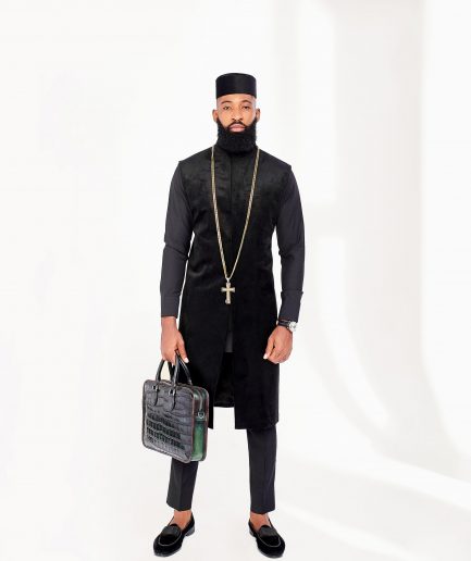 A Charcoal Black with embroidery front flap African Kaftan