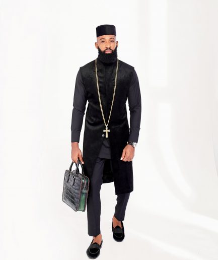 A Charcoal Black with embroidery front flap African Kaftan