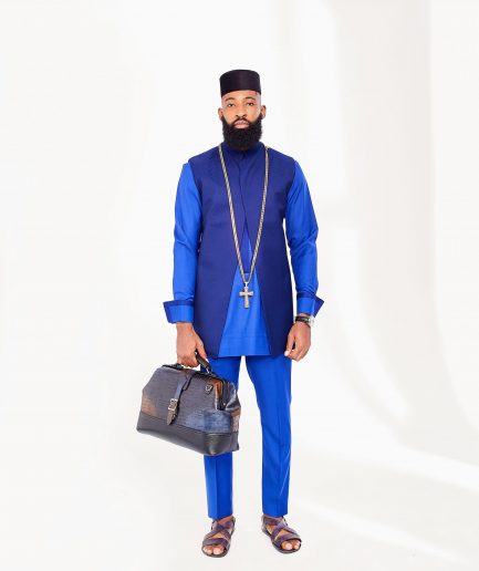 A Royal Blue 3-piece Kaftan, Black Hat Patterned Jacket