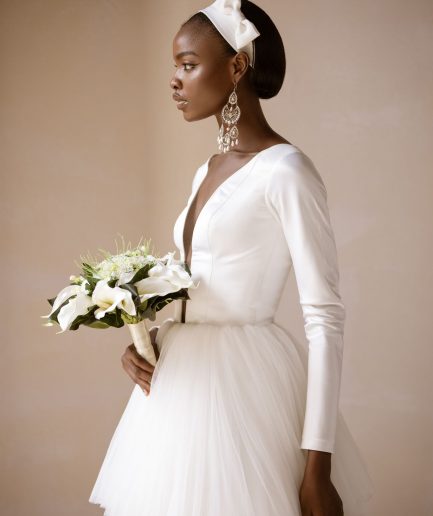 Mikado Satin Tiered Long Sleeve Tulle Bridal Dress/Gown