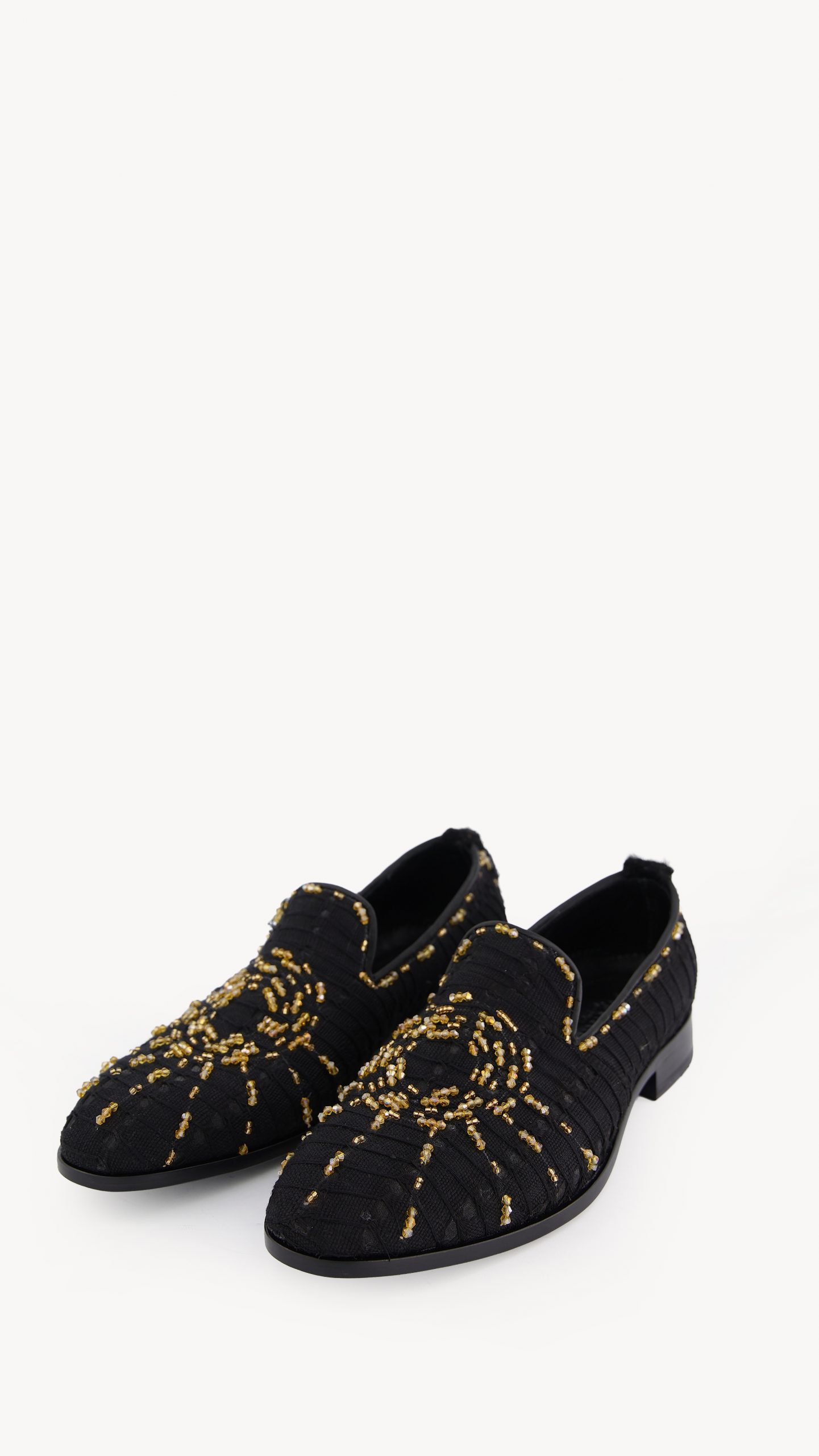 Shop Black Aso Oke Flat Shoe with Gold Web Bead | Deji & Kola