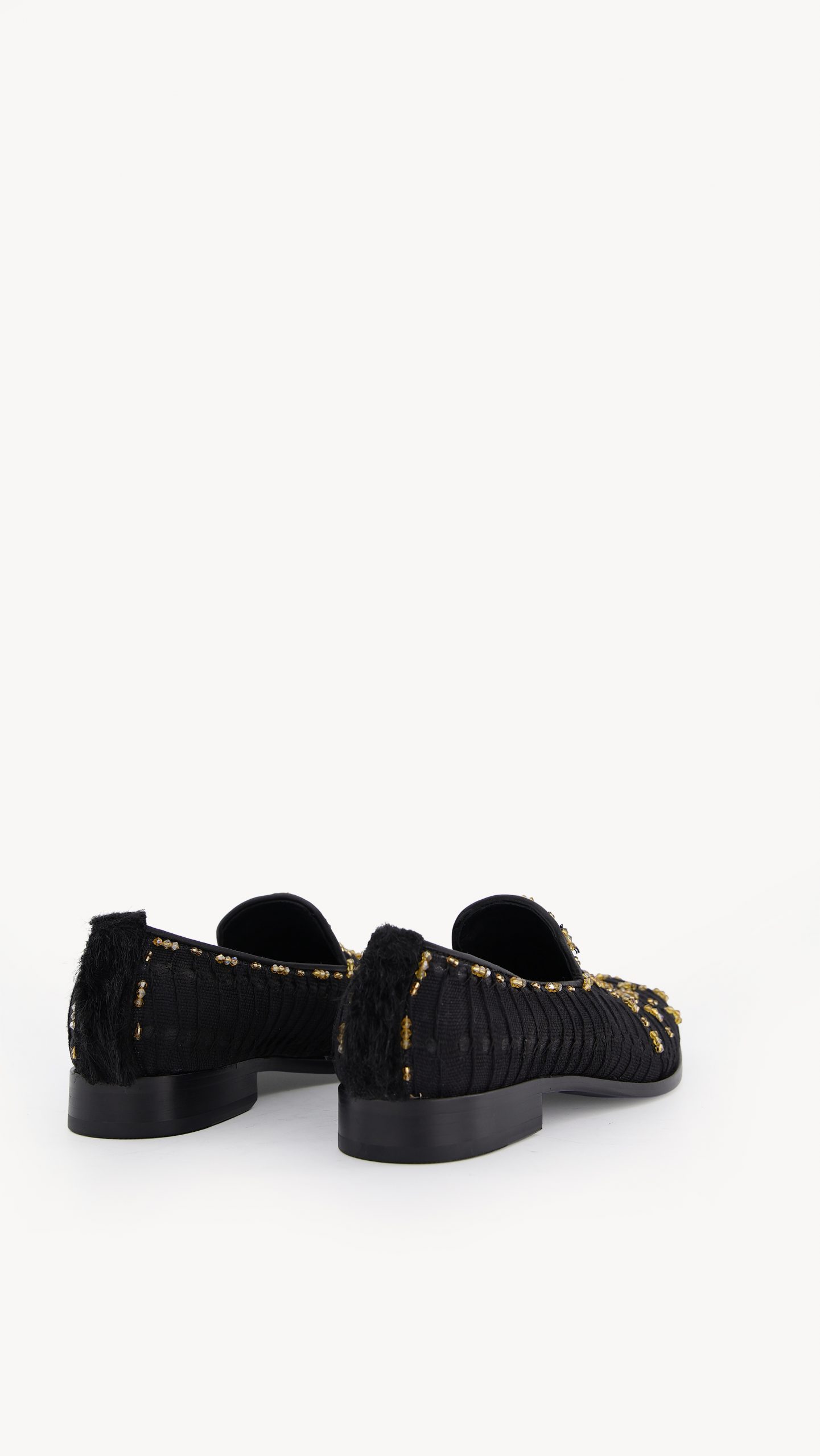 Shop Black Aso Oke Flat Shoe with Gold Web Bead | Deji & Kola