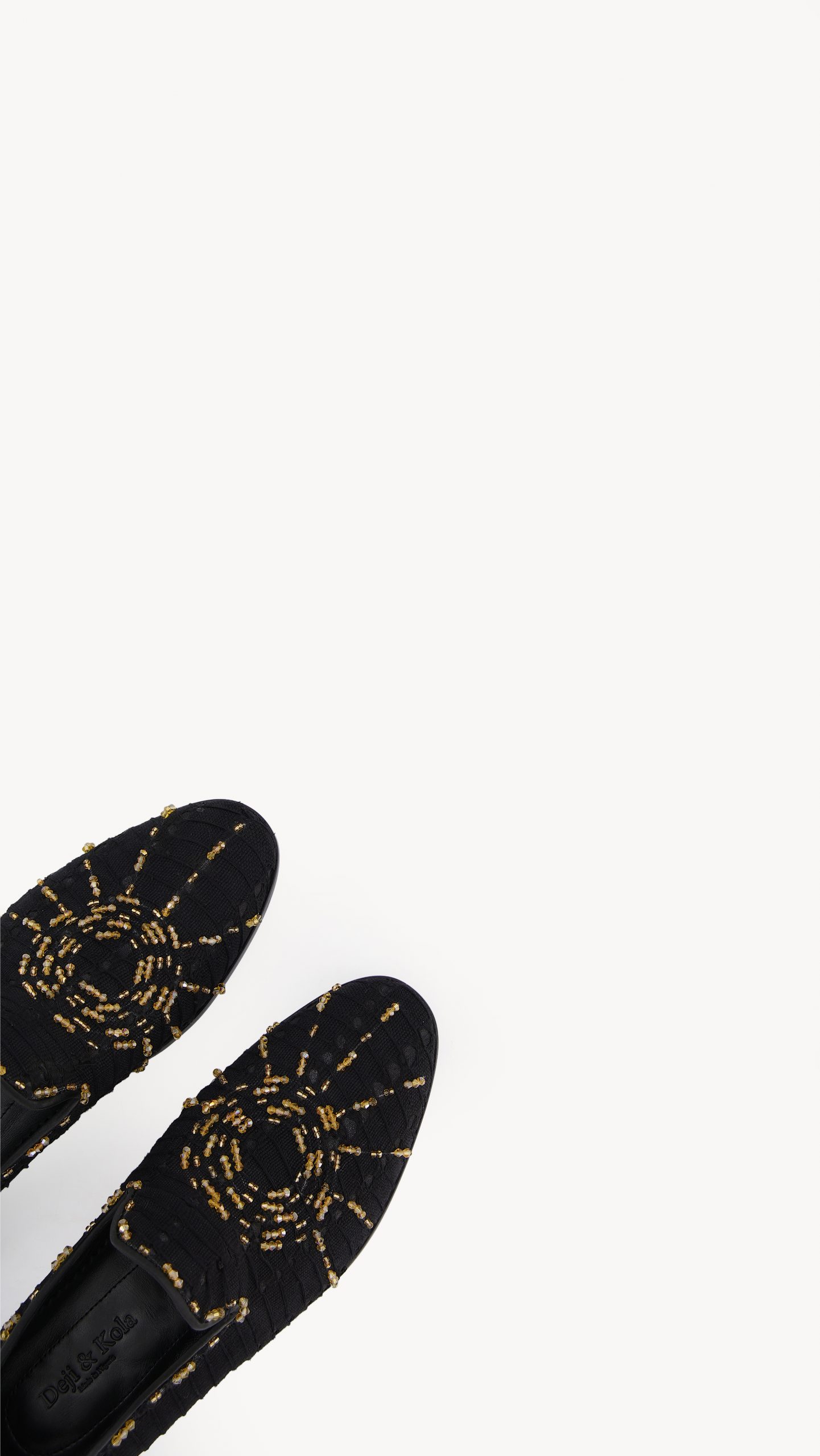 Shop Black Aso Oke Flat Shoe with Gold Web Bead | Deji & Kola