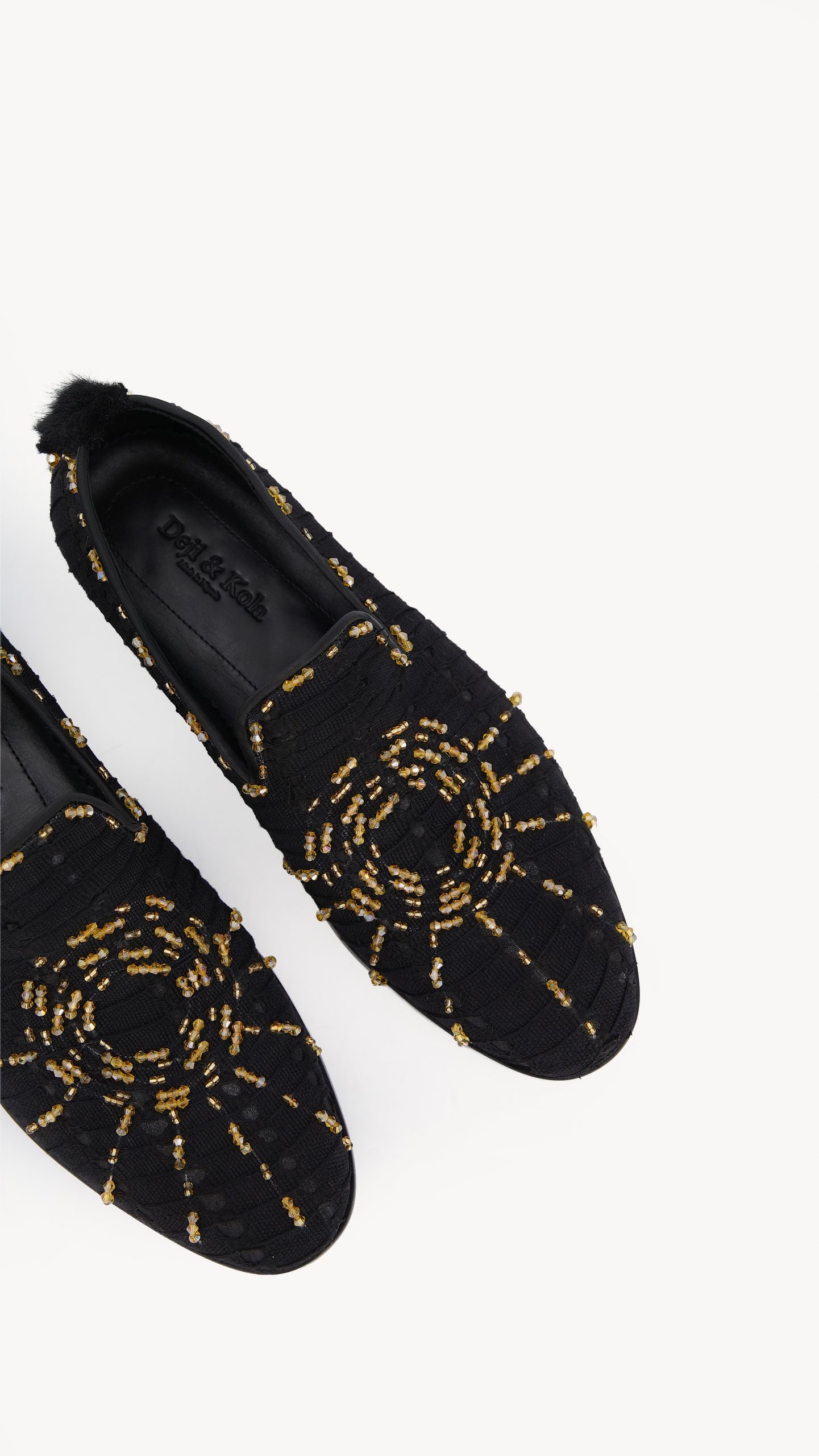 Shop Black Aso Oke Flat Shoe with Gold Web Bead | Deji & Kola