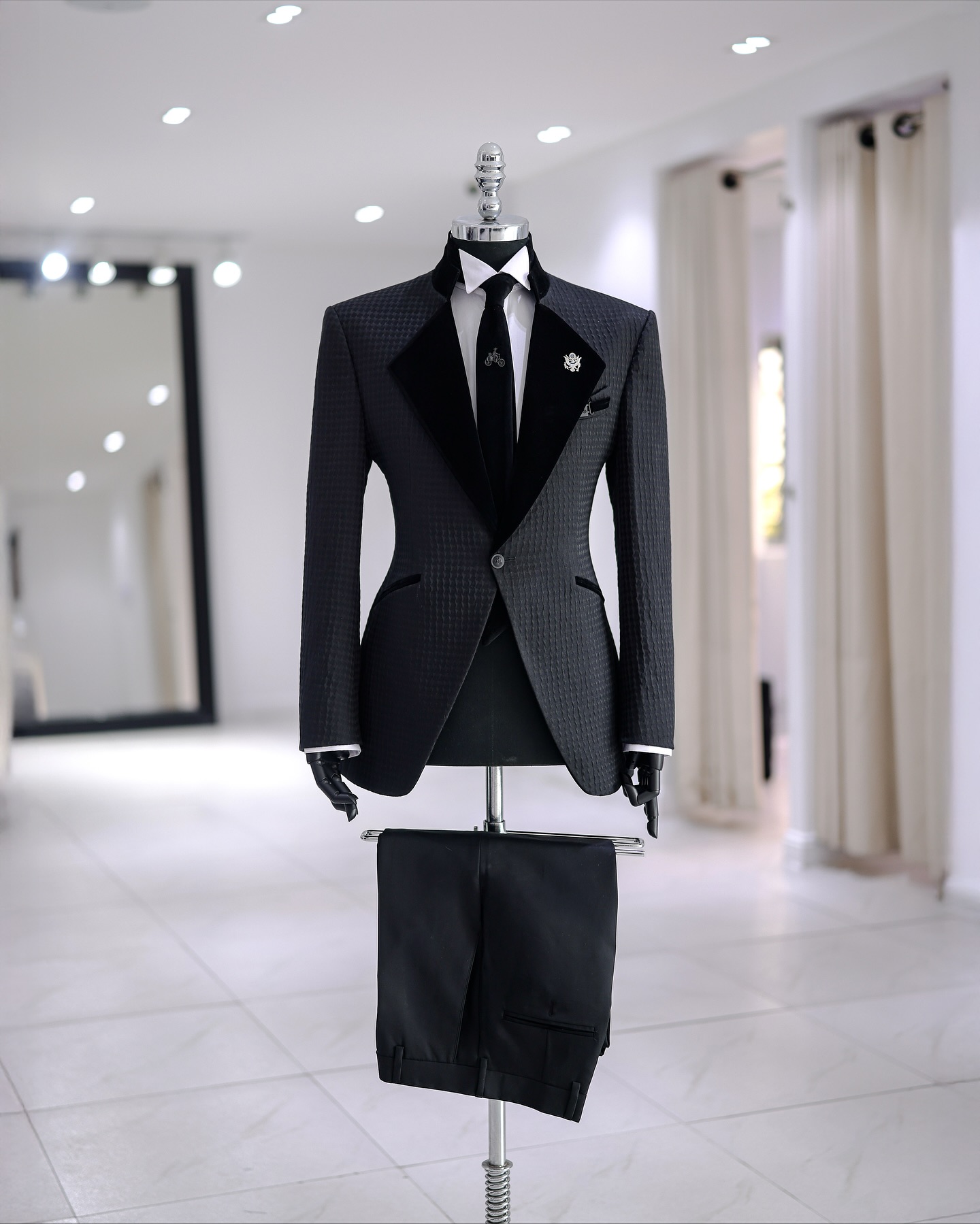 Shop Black Jacquard Tuxedo Suit - The HEA 6 suit | Deji & Kola
