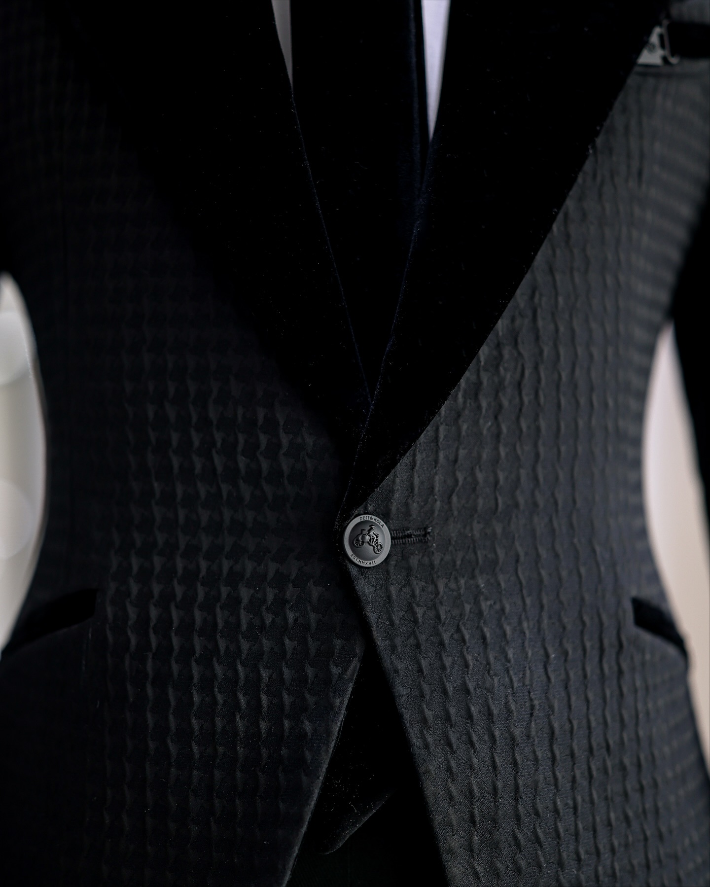 Shop Black Jacquard Tuxedo Suit - The HEA 6 suit | Deji & Kola