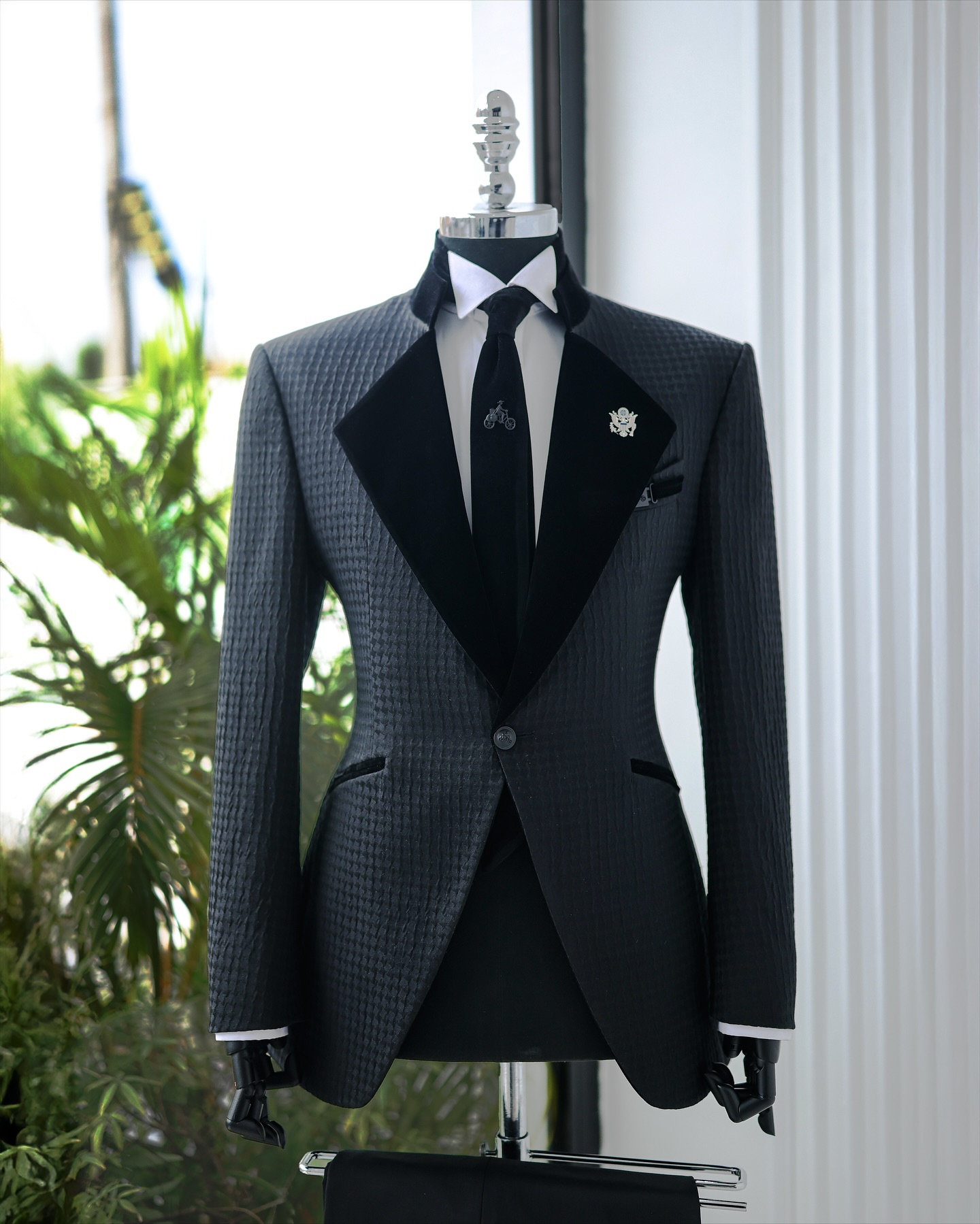 Shop Black Jacquard Tuxedo Suit - The HEA 6 suit | Deji & Kola