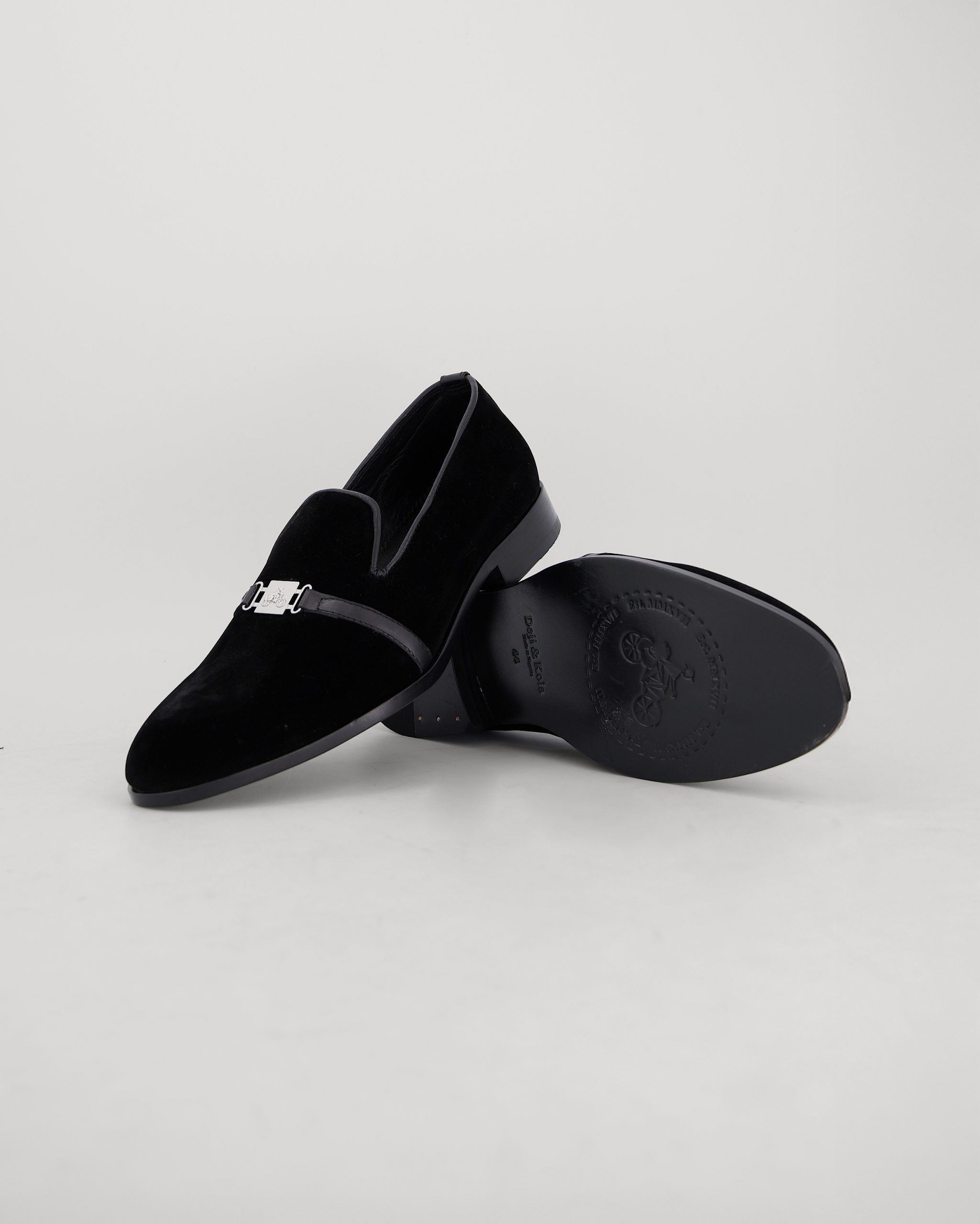 Shop Black Velvet Loafer with brown leather strap | Deji & Kola