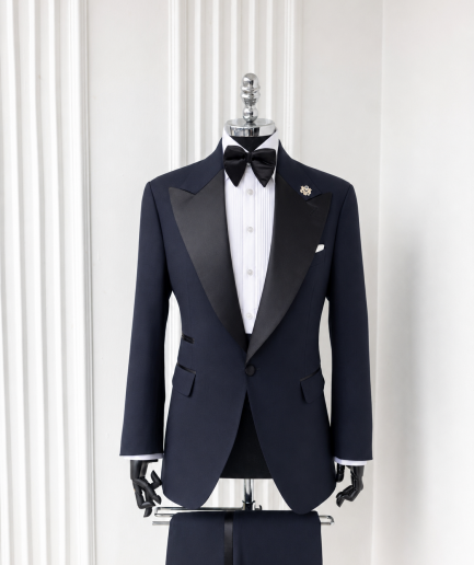 The "Classic" – Navy Blue Peak Lapel Tuxedo