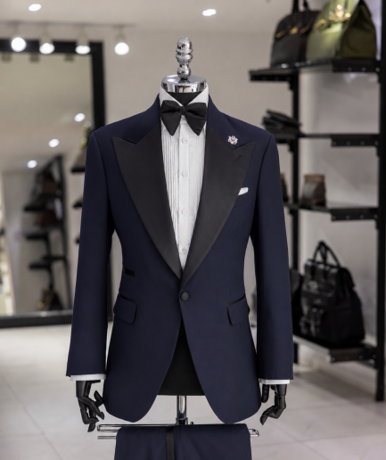 The "Classic" – Navy Blue Peak Lapel Tuxedo