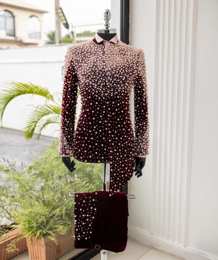 The "Pearl & Drop" 4 – Burgundy Pearl-Embellished Safari Suit for Men