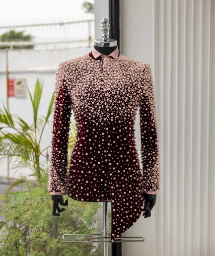 The "Pearl & Drop" 4 – Burgundy Pearl-Embellished Safari Suit for Men
