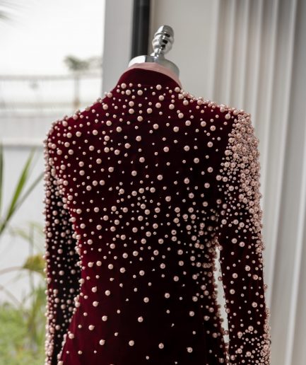 The "Pearl & Drop" 4 – Burgundy Pearl-Embellished Safari Suit for Men