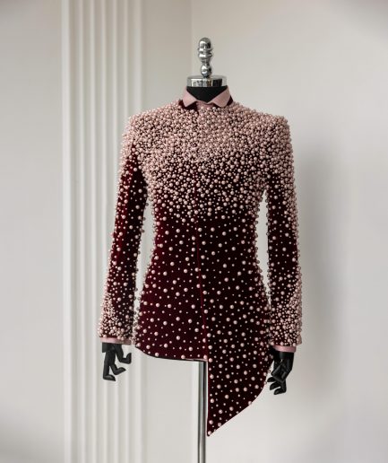 The "Pearl & Drop" 4 – Burgundy Pearl-Embellished Safari Suit for Men