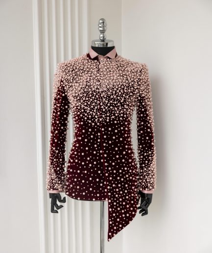 The "Pearl & Drop" 4 – Burgundy Pearl-Embellished Safari Suit for Men