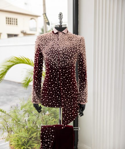 The "Pearl & Drop" 4 – Burgundy Pearl-Embellished Safari Suit for Men